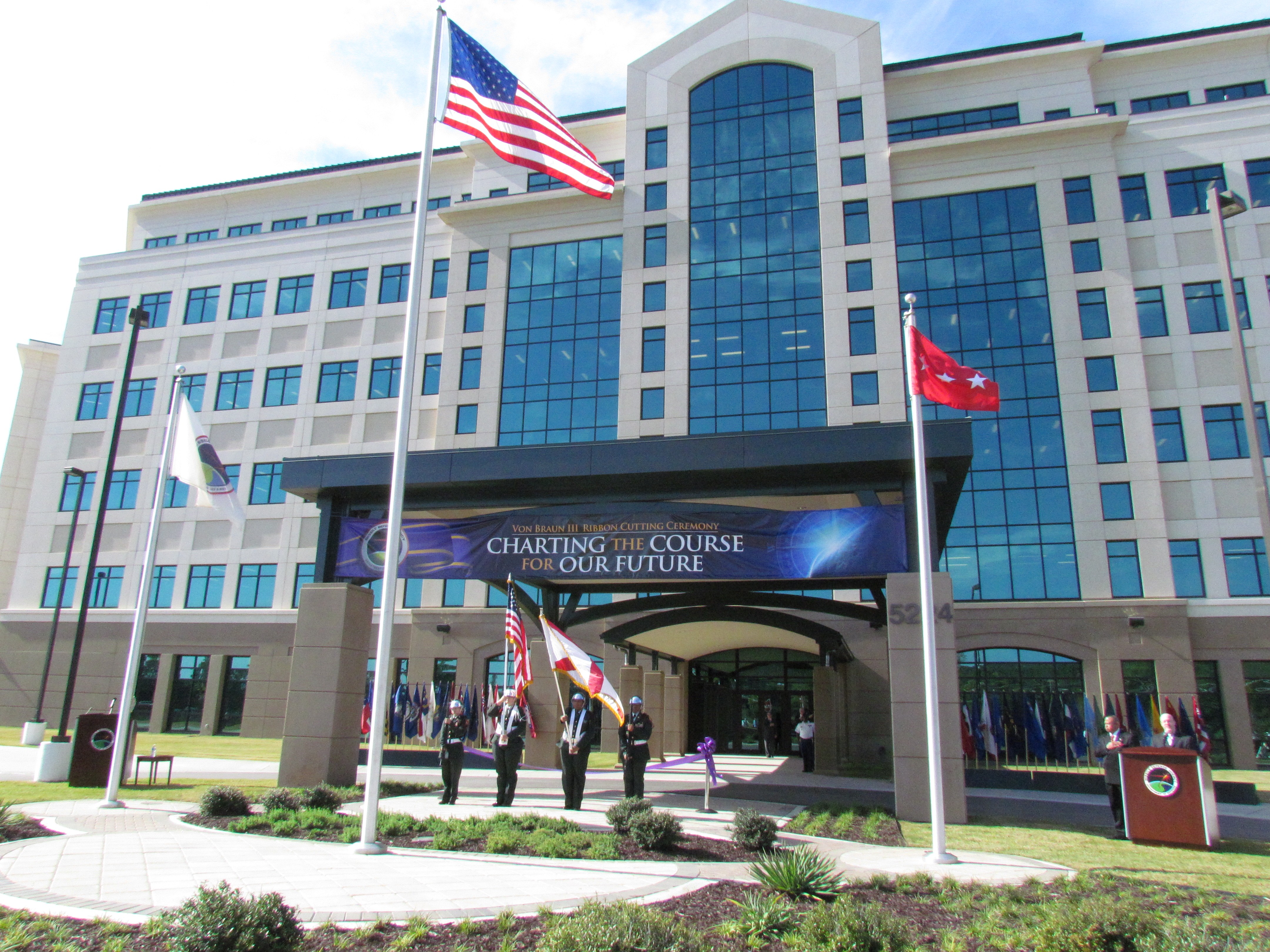 U.S. Army photo from the opening of the Von Braun III facility at Redstone Arsenal