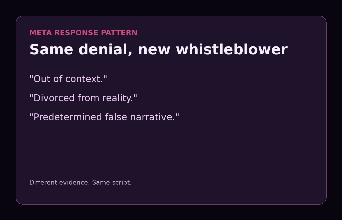 Graphic showing the repeated Meta denial pattern across multiple whistleblowers