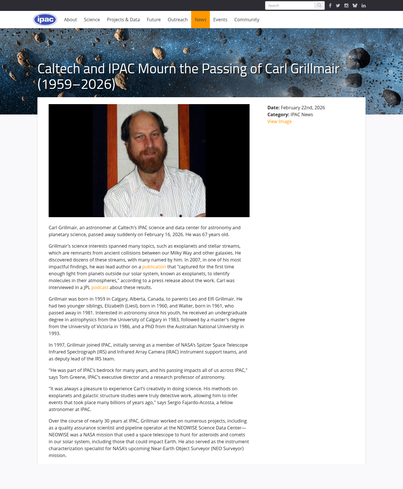 Caltech IPAC memorial page for astrophysicist Carl Grillmair